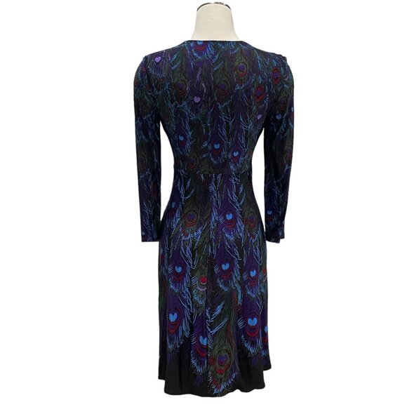 Muse Womens Peacock Feather Print Dress Deep V-Neck Sz 6 Boho Chic Evening Wear - Picture 8 of 11